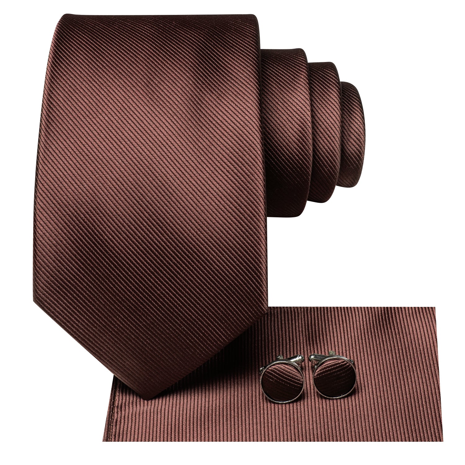 New Brown Solid Tie Pocket Square Cufflinks Set