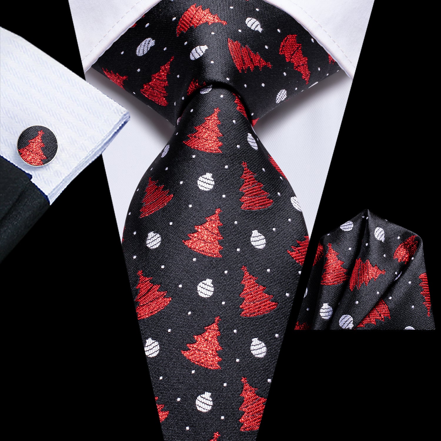 Black Red Christmas Tree Necktie Pocket Square Cufflinks Set