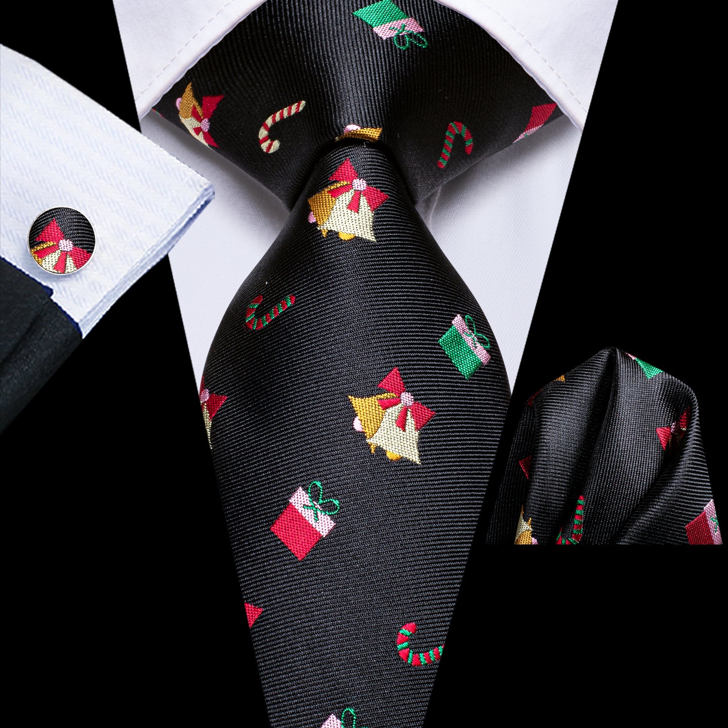 Black Colorful Christmas Gift Necktie Pocket Square Cufflinks Set
