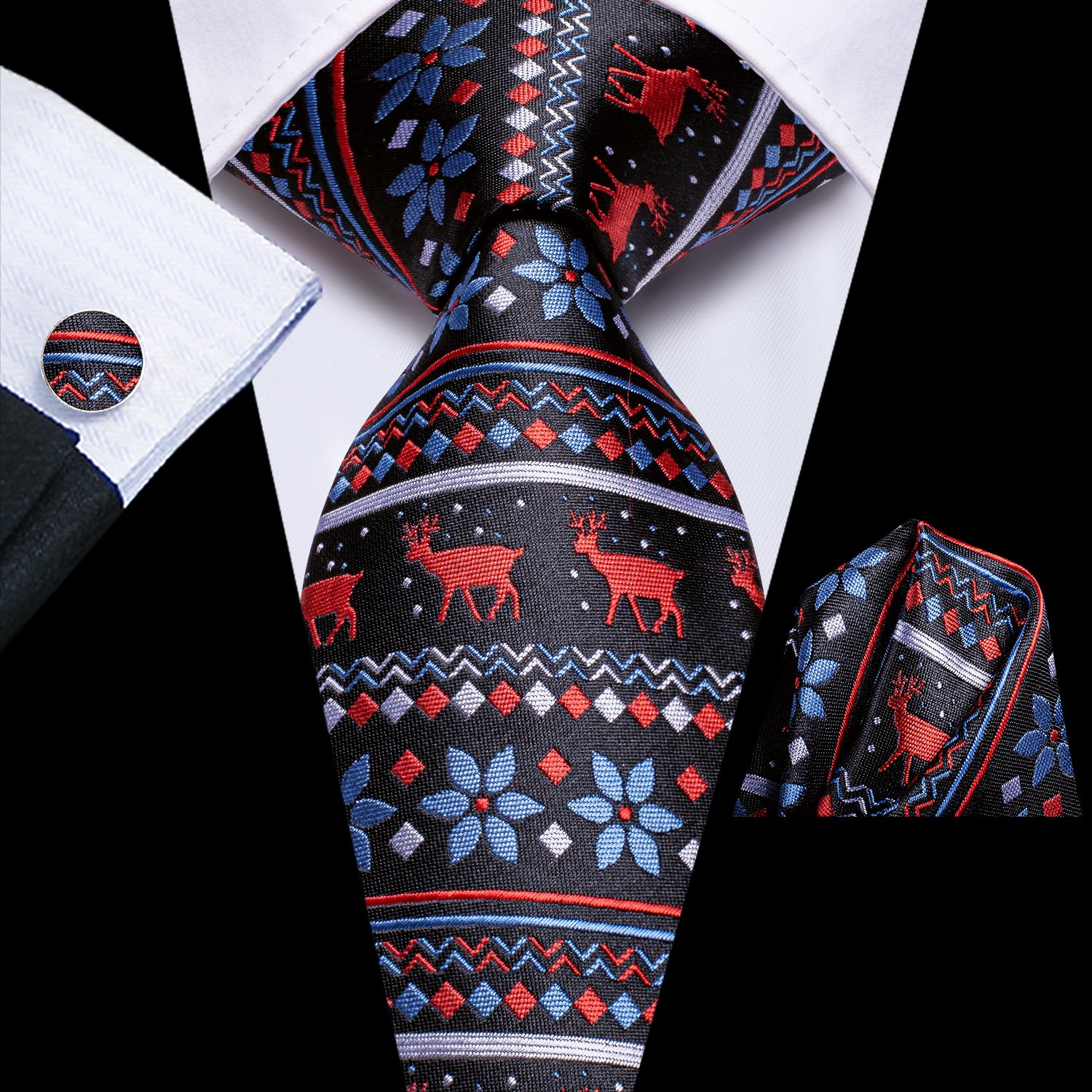 Black Blue Red Novelty Christmas Necktie Pocket Square Cufflinks Set