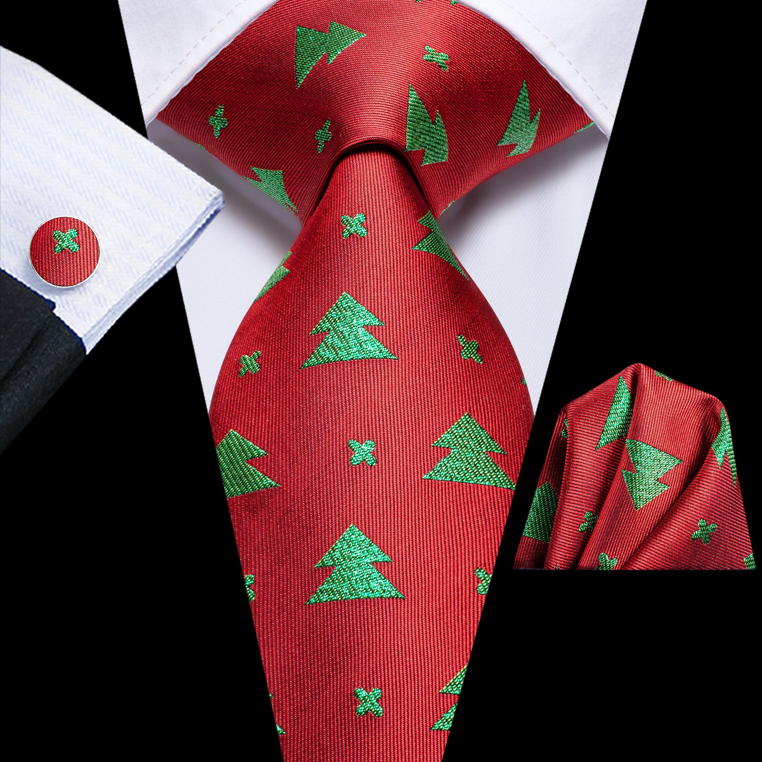 Red Green Christmas Tree Necktie Pocket Square Cufflinks Set