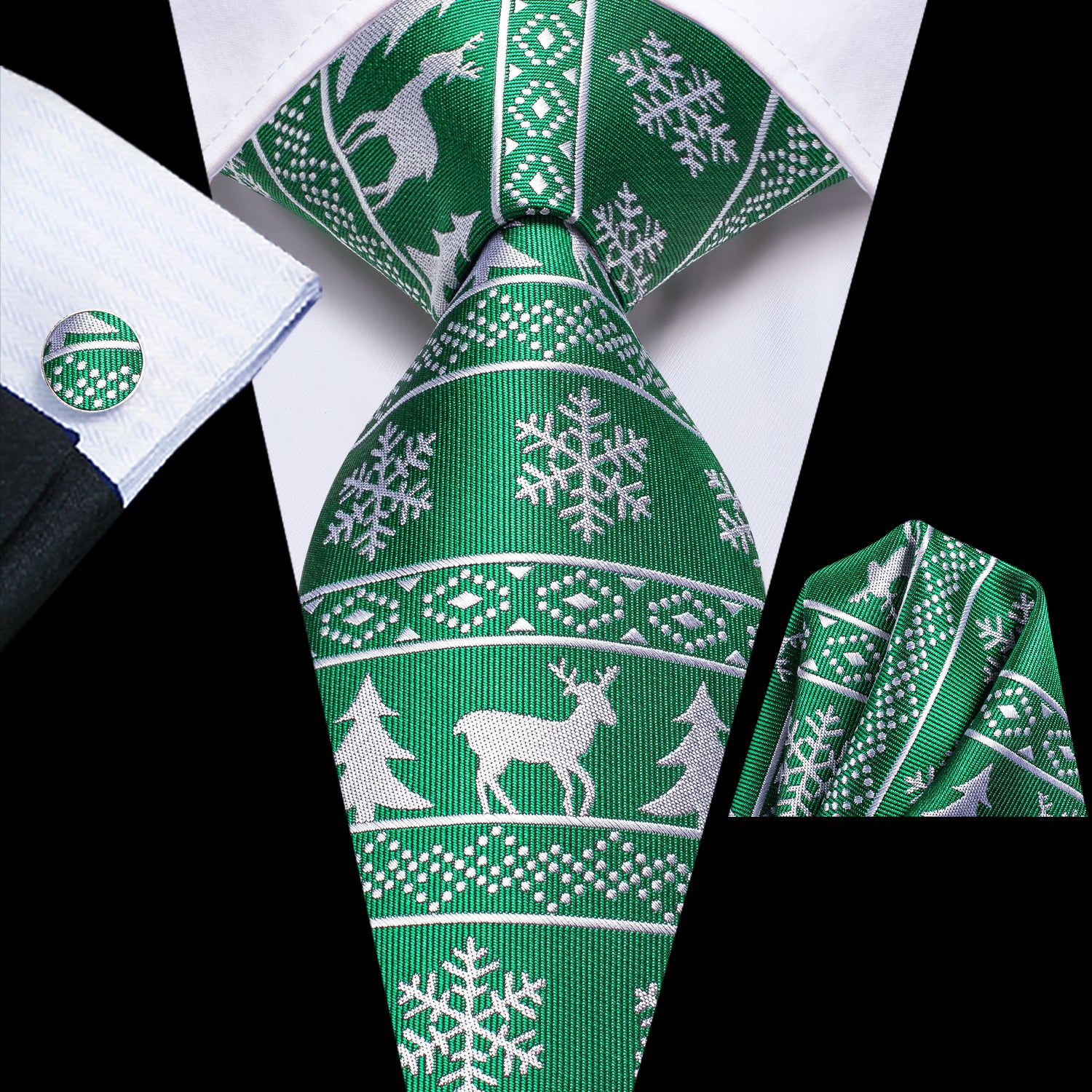 Green White Novelty Christmas Necktie Pocket Square Cufflinks Set