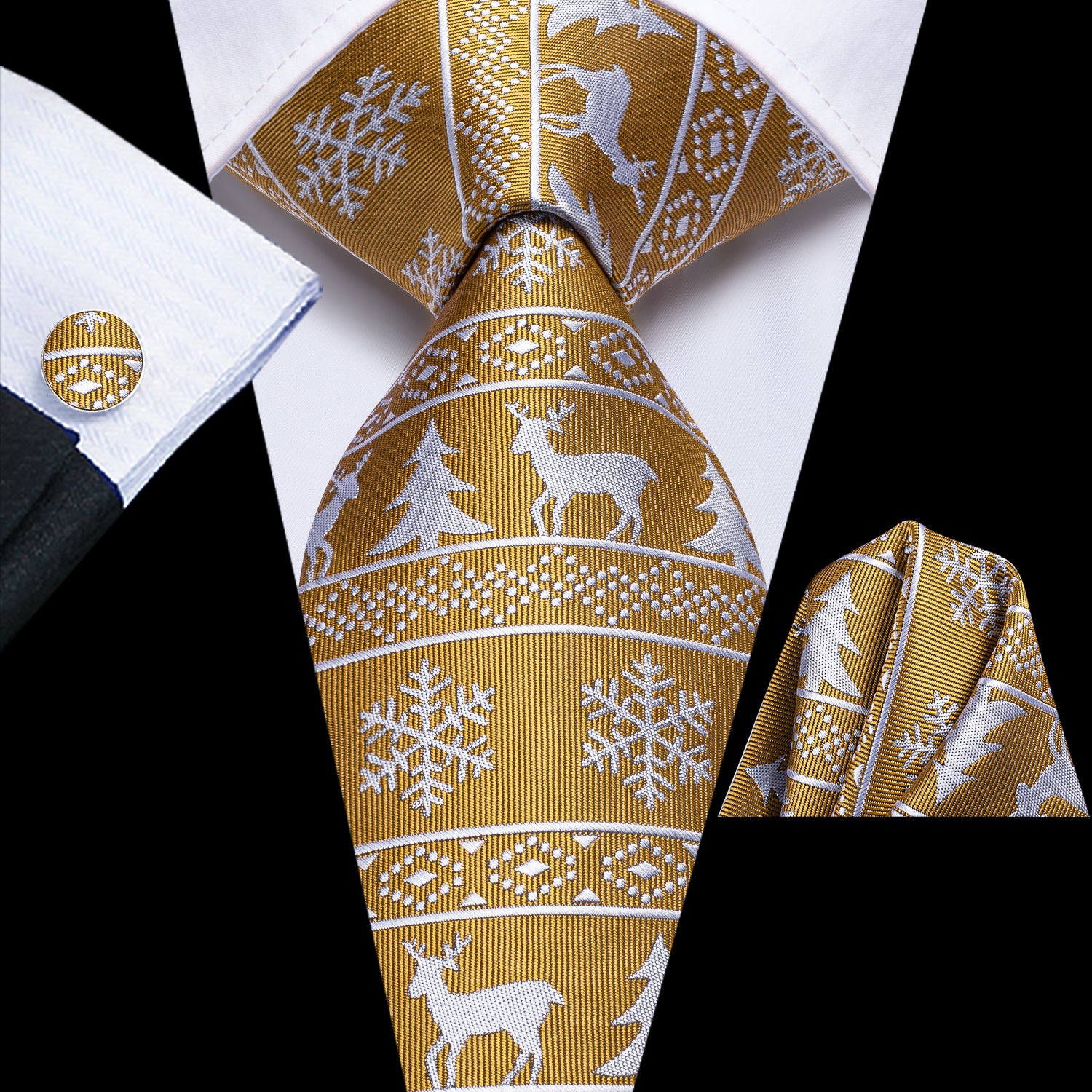 Golden White Elk Christmas Necktie Pocket Square Cufflinks Set