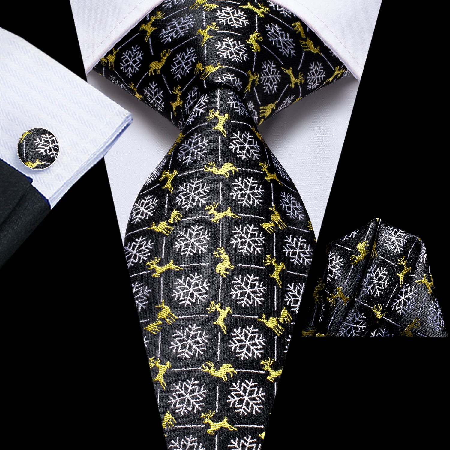 Black White Snow with Yellow Elk Christmas Necktie Pocket Square Cufflinks Set
