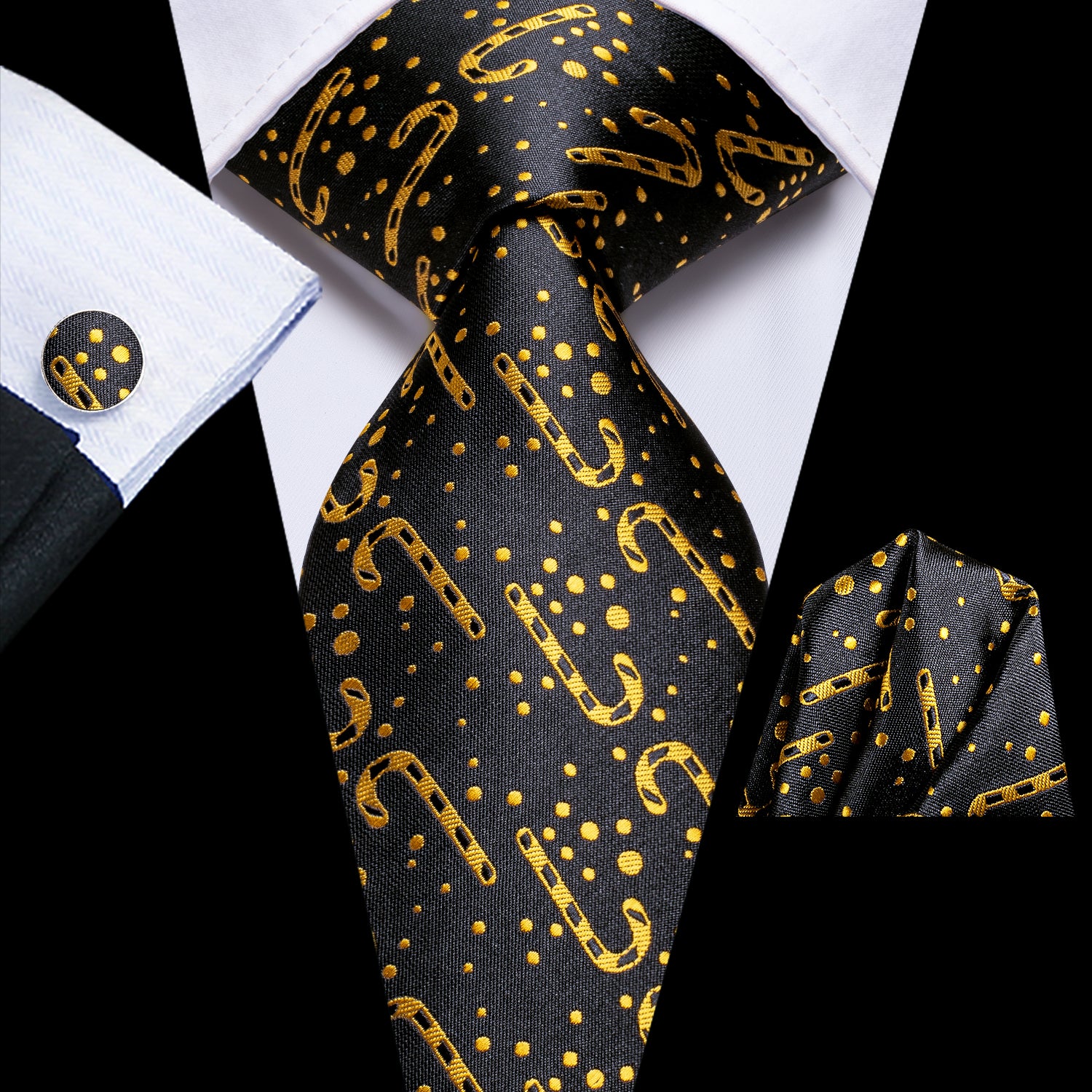 Black Golden Christmas Canes Necktie Pocket Square Cufflinks Set