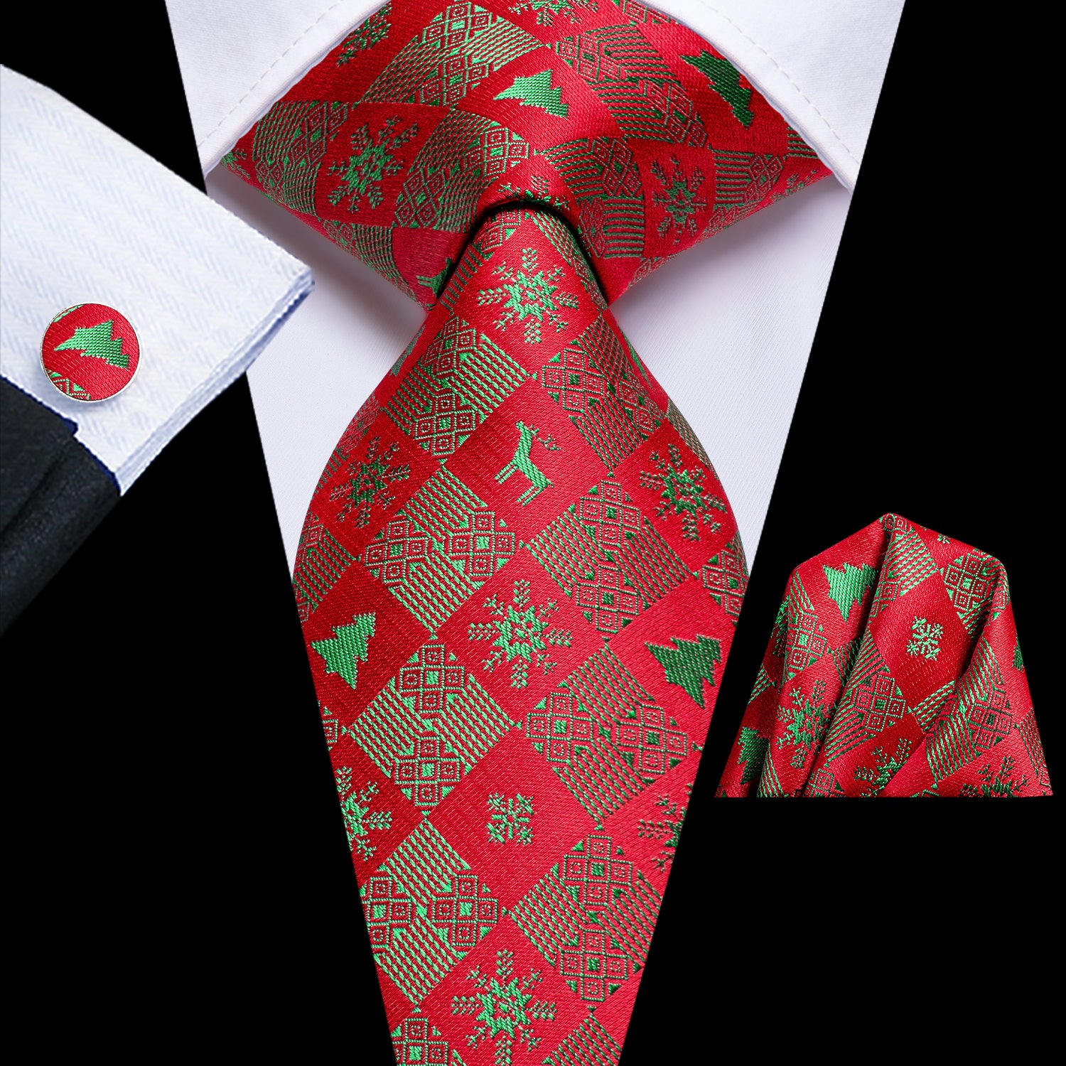 Red Green Snow Novelty Christmas Necktie Pocket Square Cufflinks Set