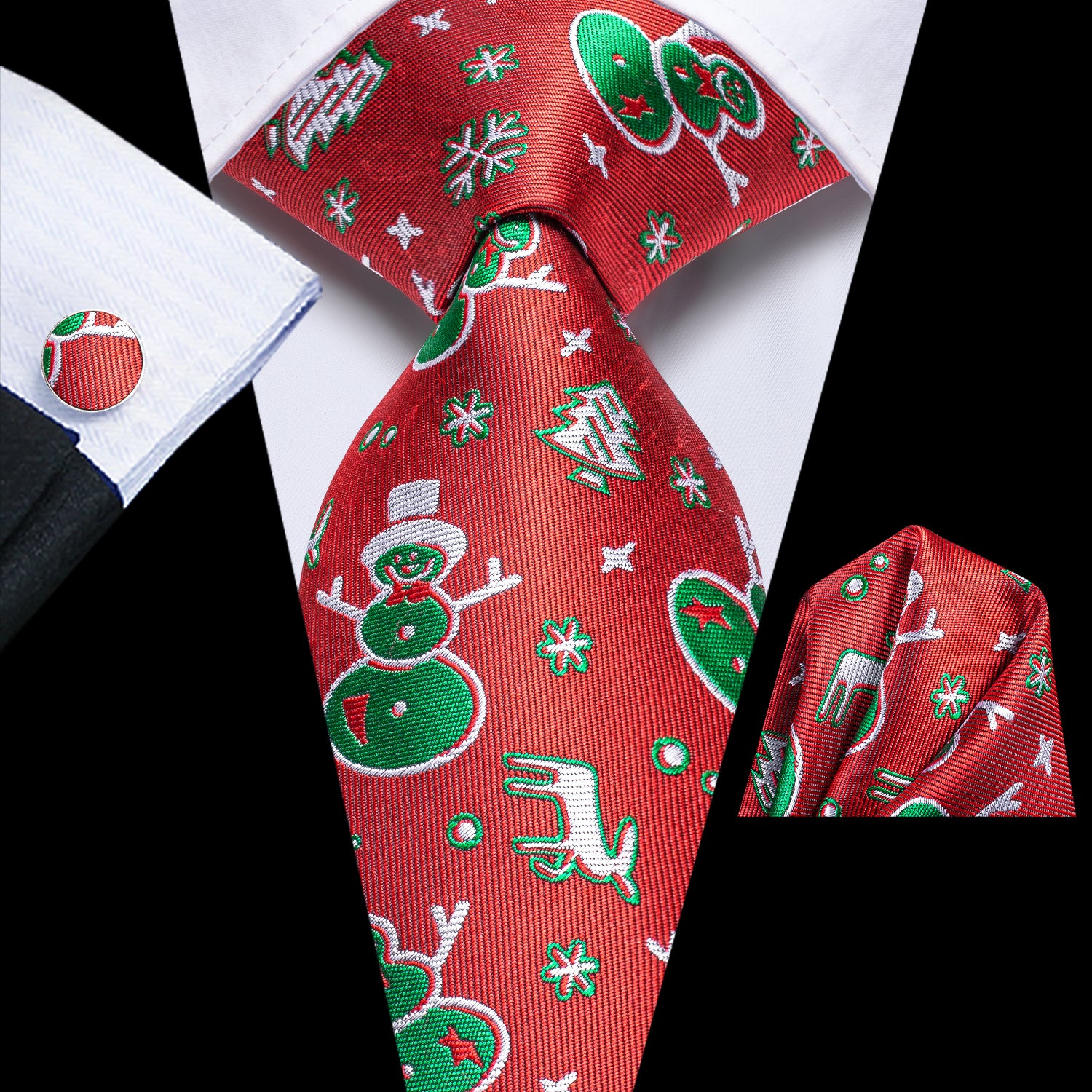 Red Green Snowman Christmas Necktie Pocket Square Cufflinks Set