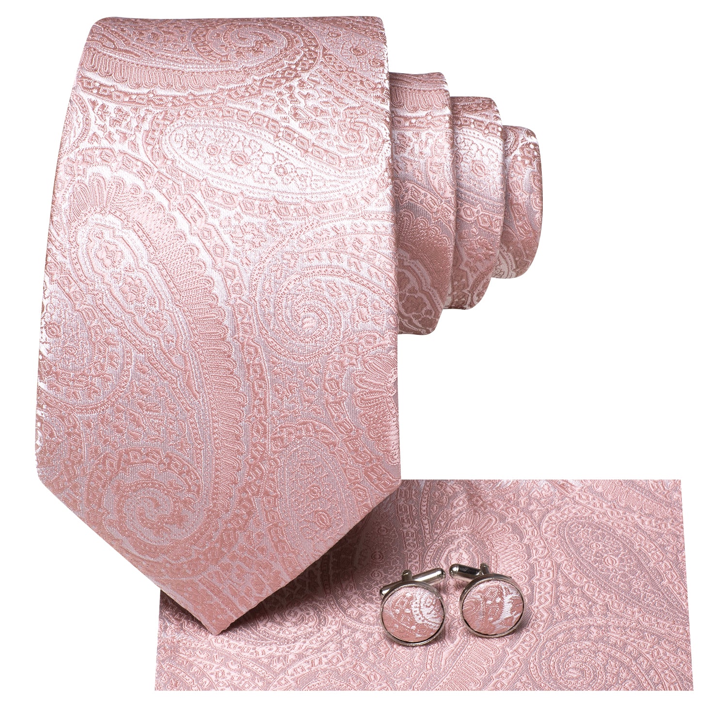 Light Pink Paisley Silk Men's Necktie Pocket Square Cufflinks Set