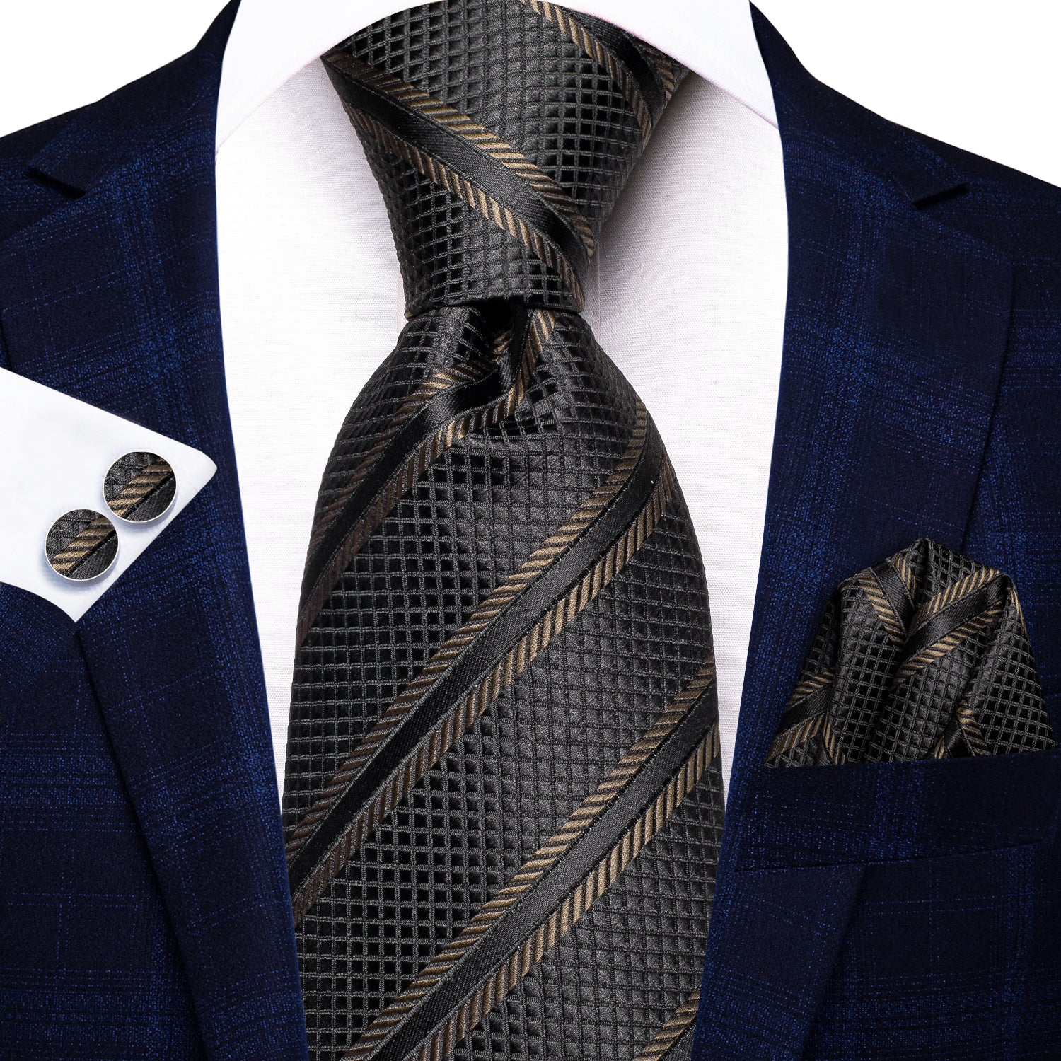 Black Brown Strip Silk Tie Pocket Square Cufflinks Set