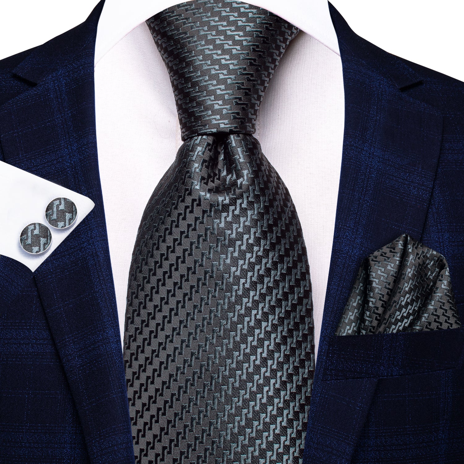 Grey Black Irregular Strip Silk Tie Pocket Square Cufflinks Set