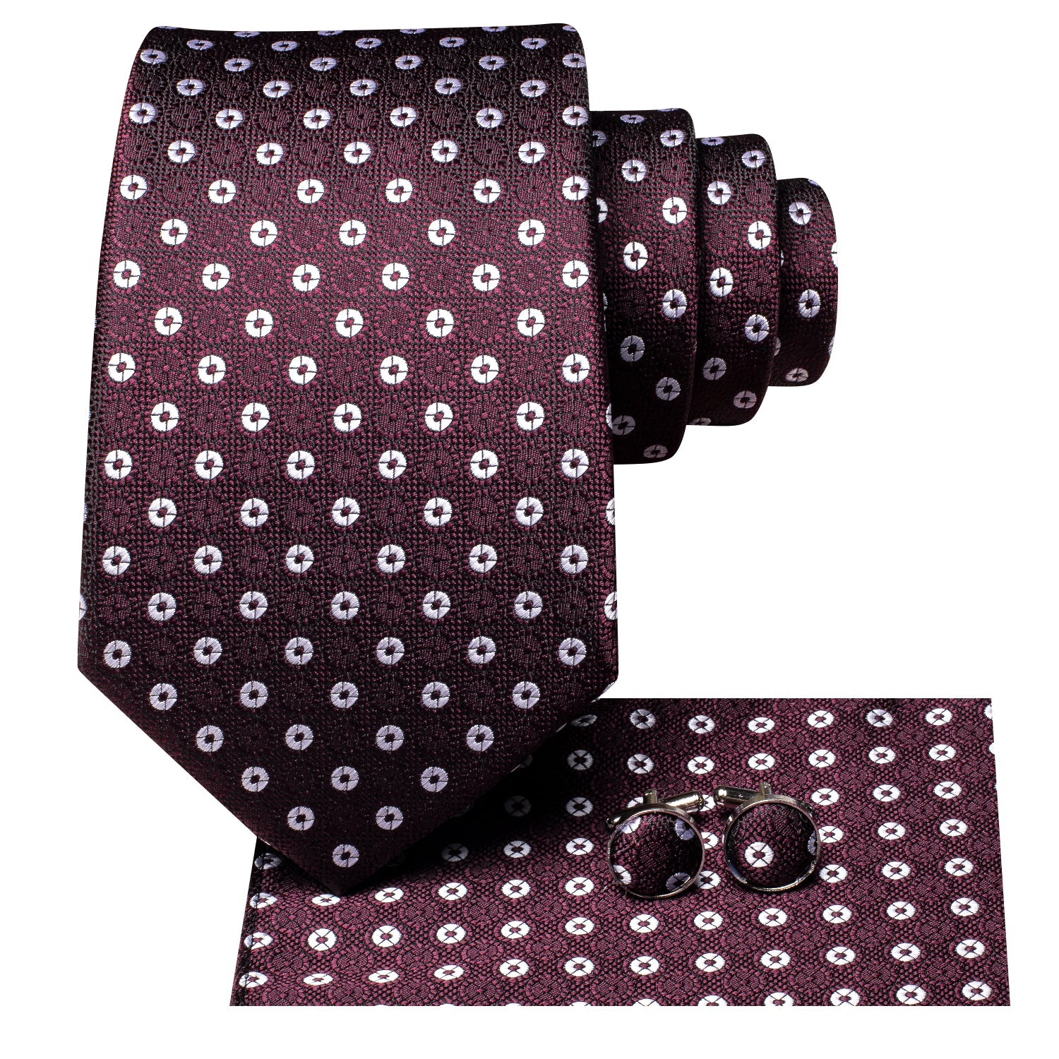 Burgundy Red White Circle Silk Tie Pocket Square Cufflinks Set