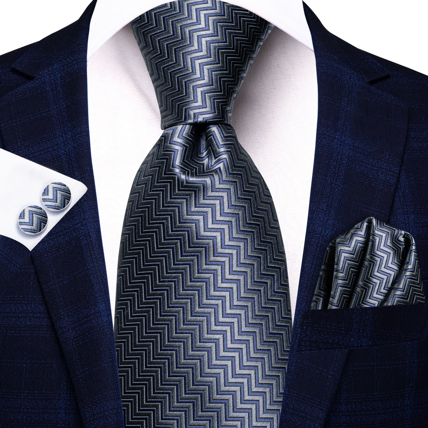 Blue Grey Irregular Strip Silk Tie Pocket Square Cufflinks Set