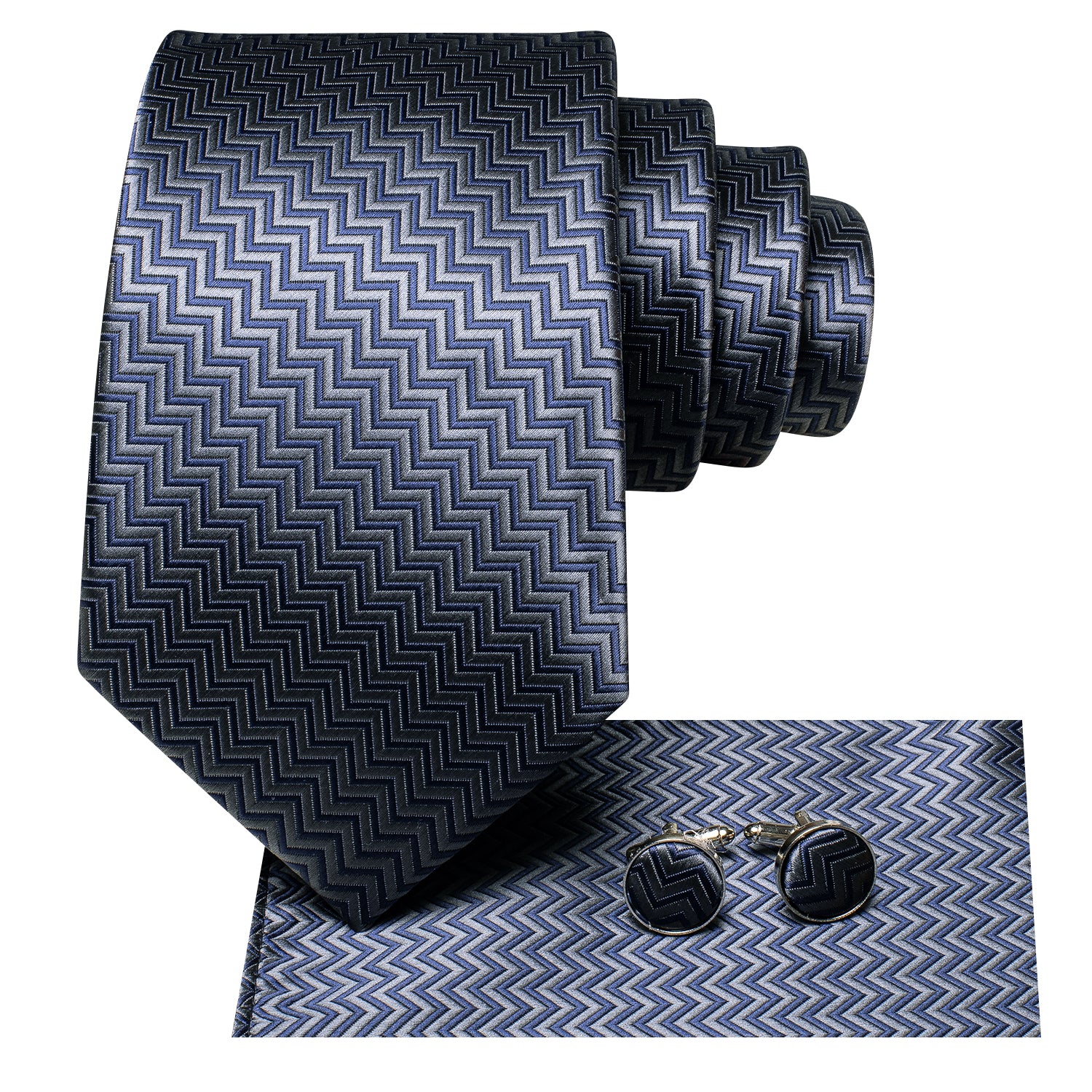 Blue Grey Irregular Strip Silk Tie Pocket Square Cufflinks Set