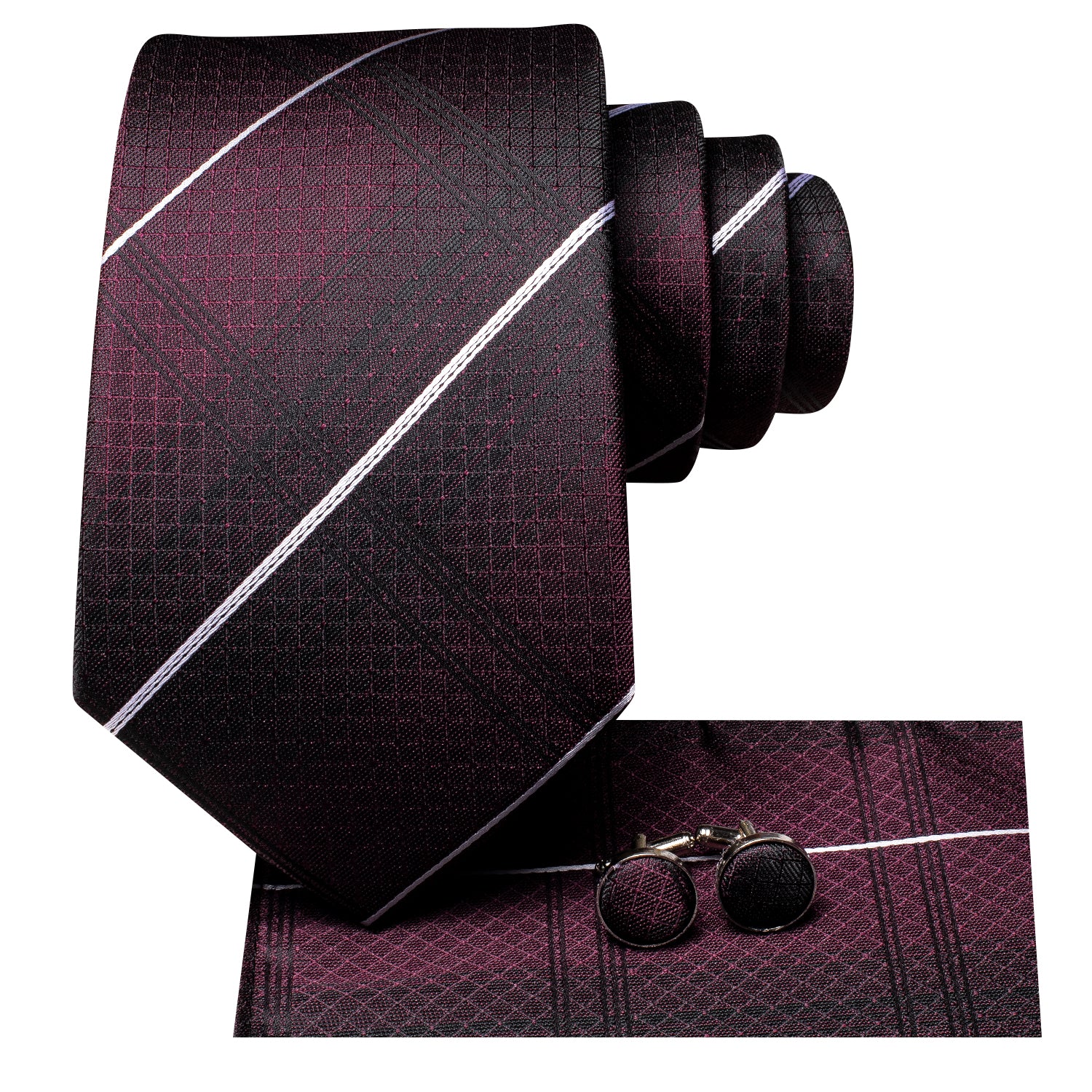 New Burgundy Red White Strip Silk Tie Pocket Square Cufflinks Set