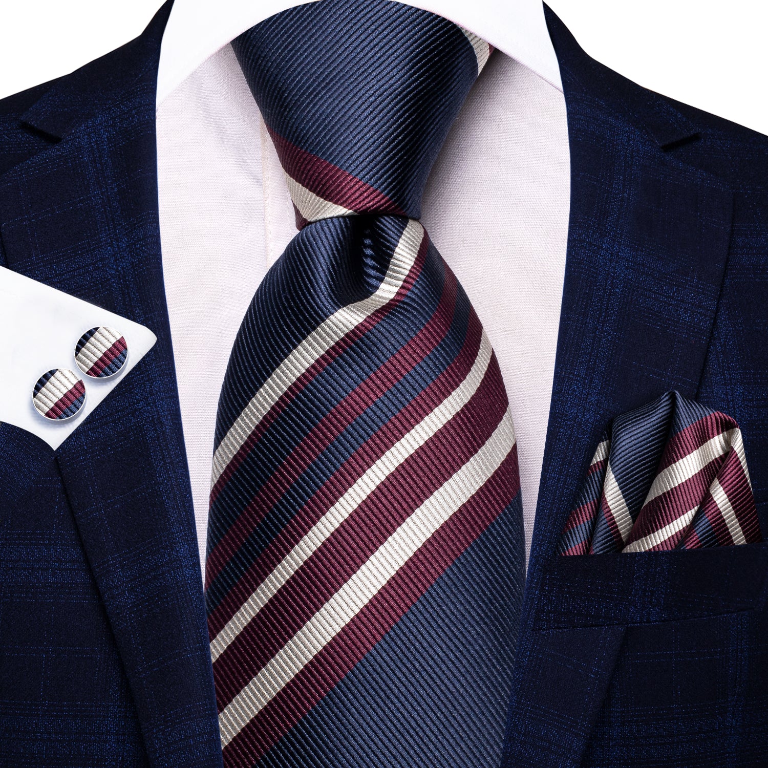 Blue Red Beige Strip Silk Tie Pocket Square Cufflinks Set Business