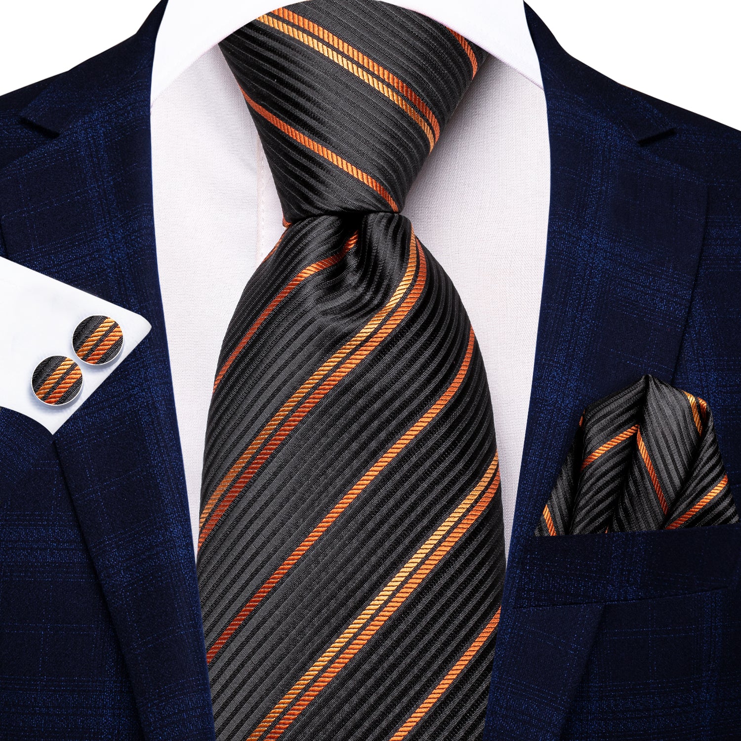 Black Orange Strip Silk Tie Pocket Square Cufflinks Set Business