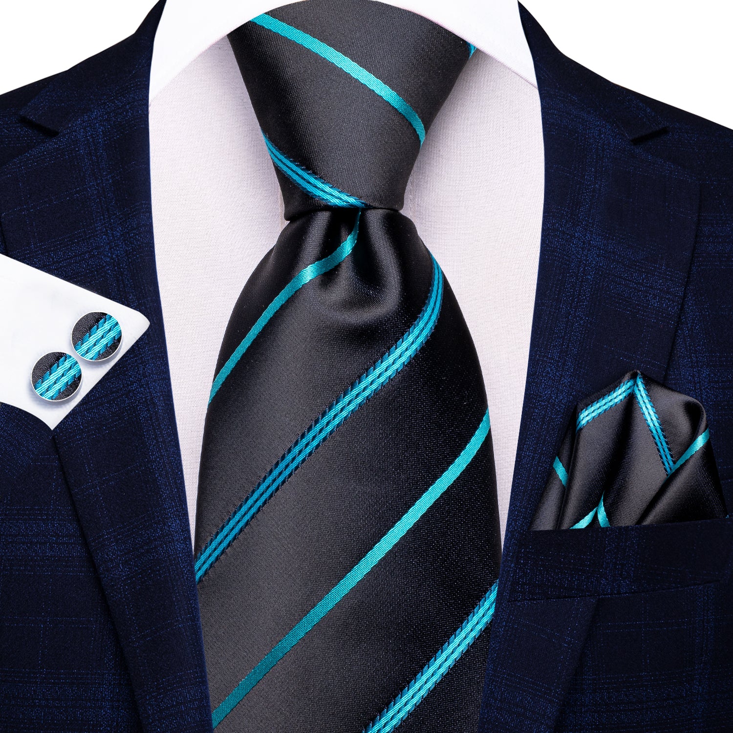 Black Blue Strip Tie Pocket Square Cufflinks Set