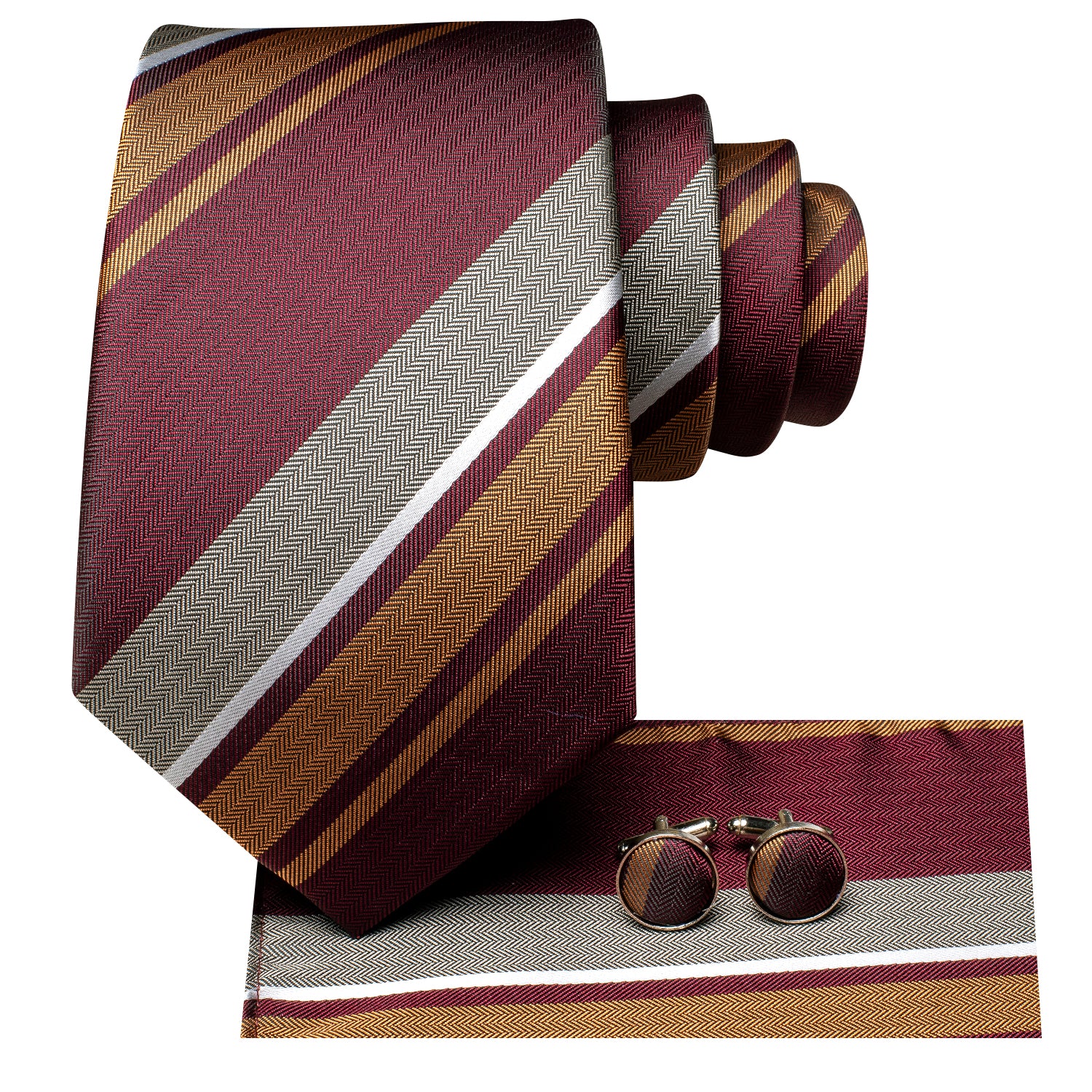 Burgundy Golden Ivory Strip Silk Tie Pocket Square Cufflinks Set