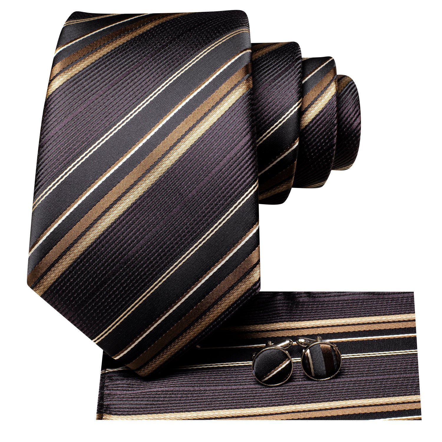 Golden Brown Strip Silk Tie Pocket Square Cufflinks Set