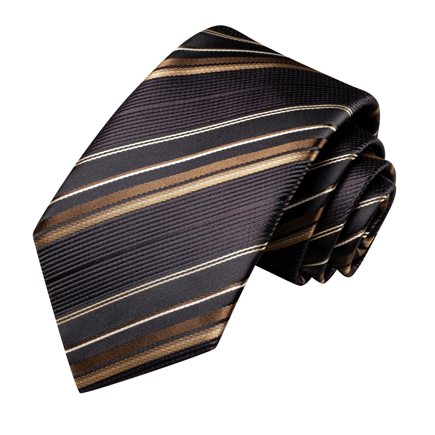 Golden Brown Strip Silk Tie Pocket Square Cufflinks Set