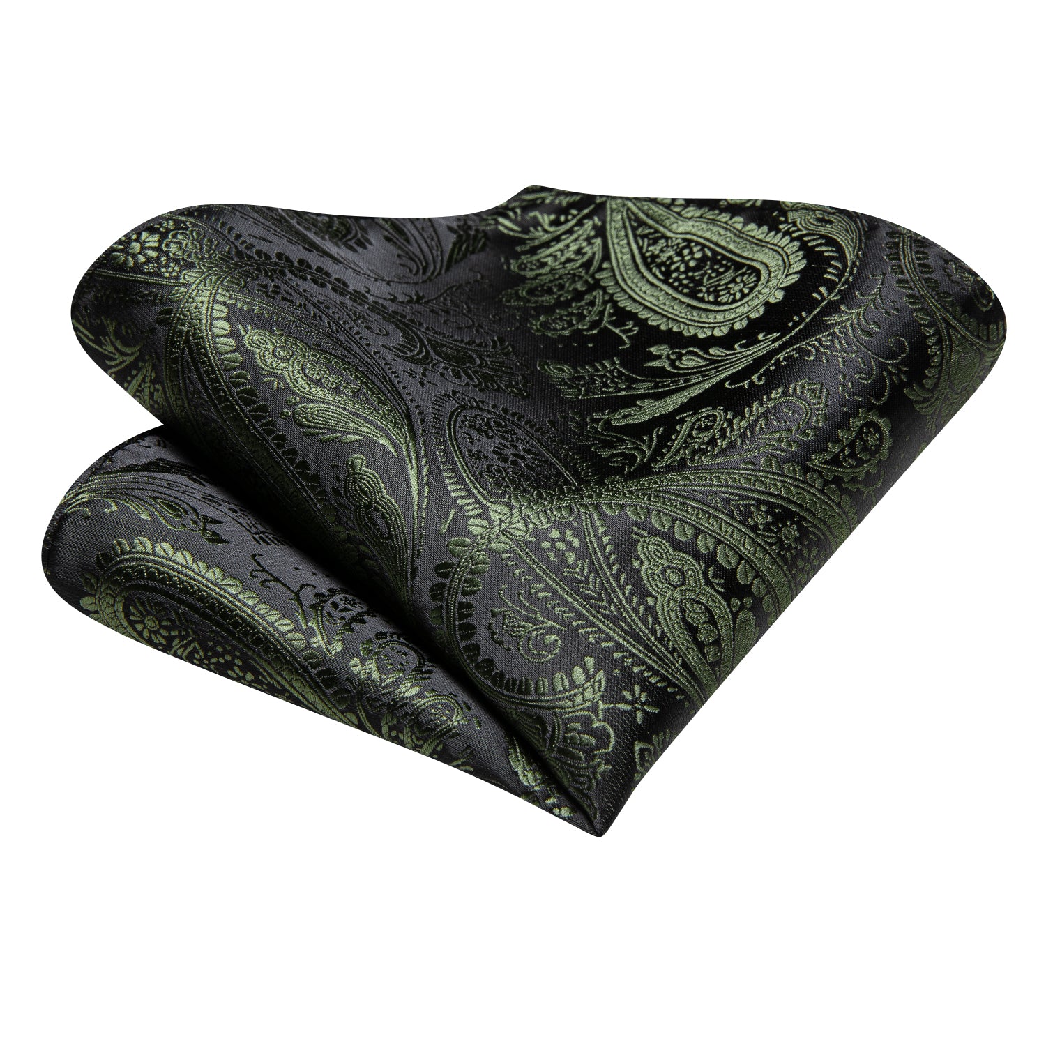 Deep Green Black Paisley Silk Tie Pocket Square Cufflinks Set