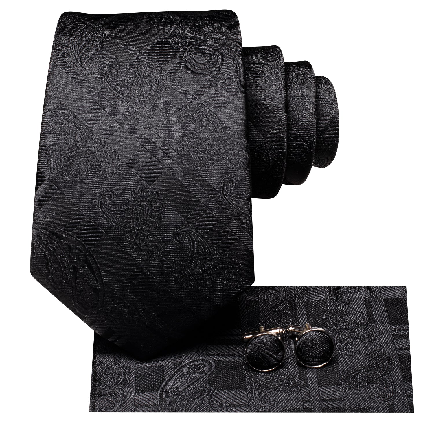 New Classic Black Paisley Silk Tie Pocket Square Cufflinks Set