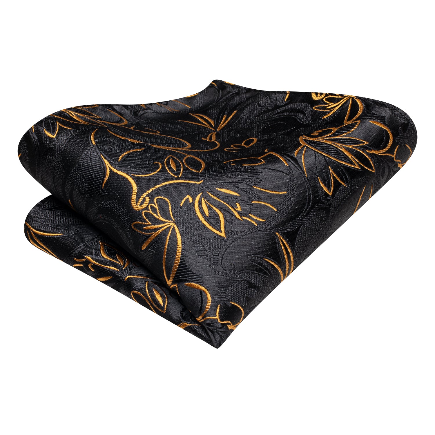 New Black Golden Floral Silk Tie Pocket Square Cufflinks Set