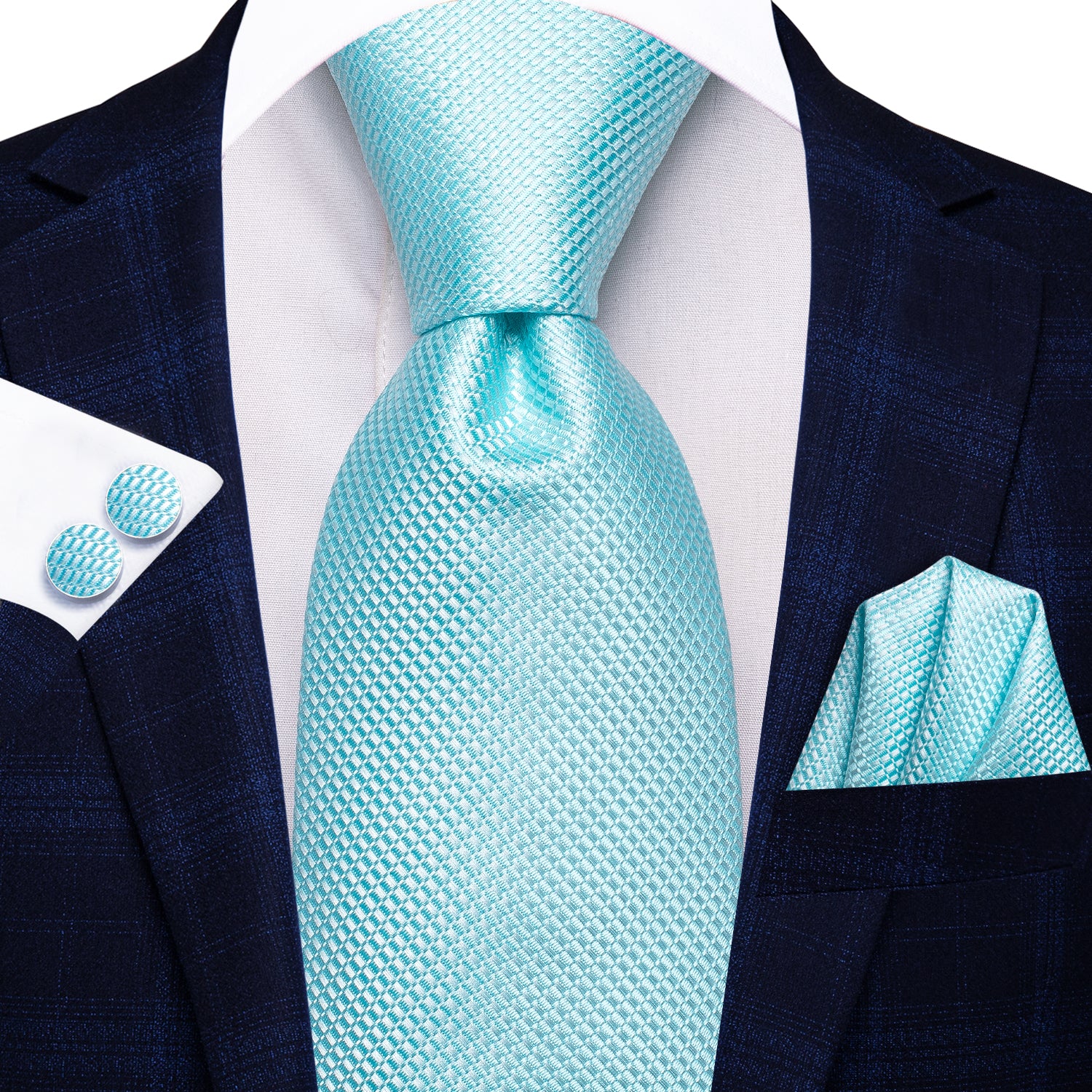 New Baby Blue Solid Silk Tie Pocket Square Cufflinks Set