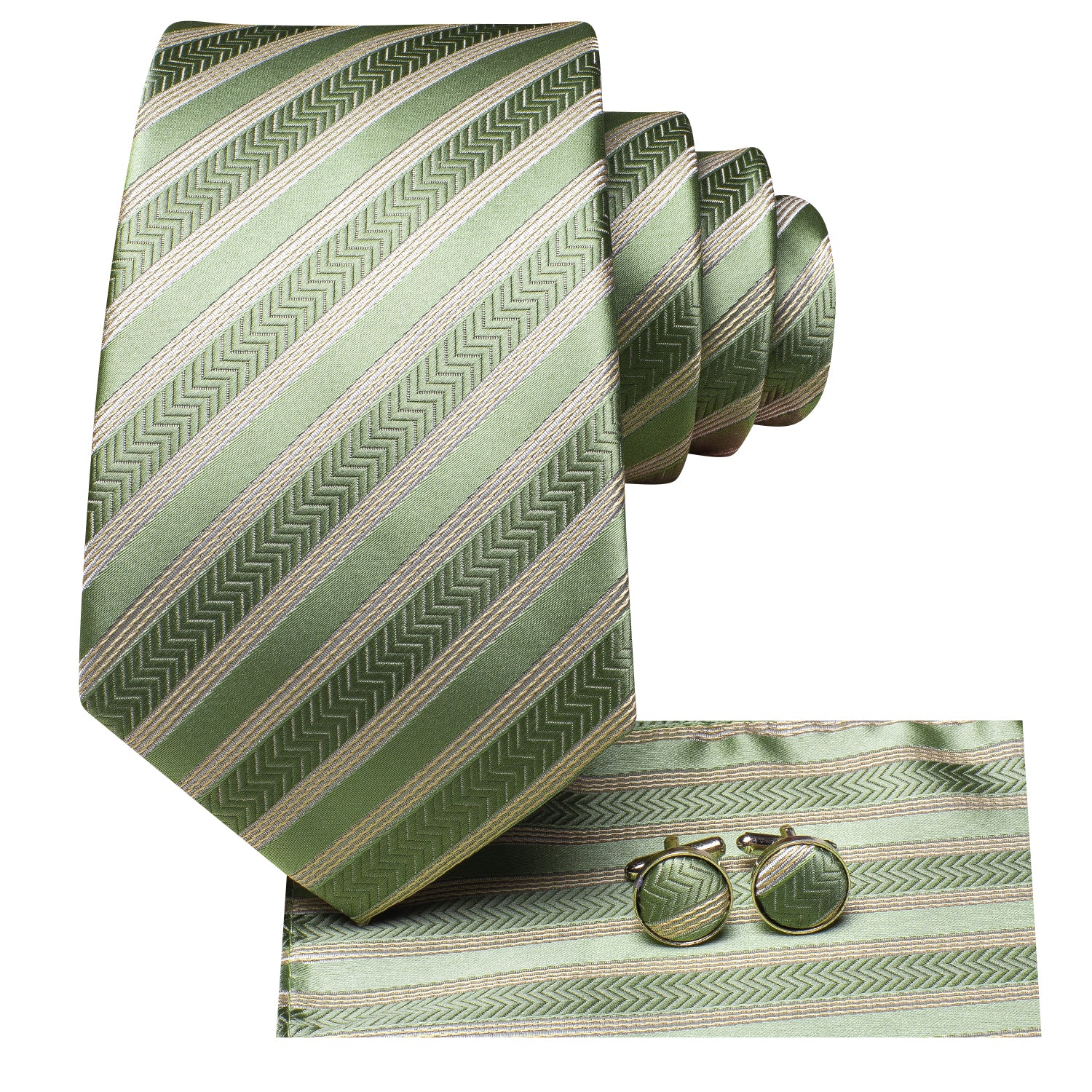 Green Champagne Strip Silk Tie Pocket Square Cufflinks Set