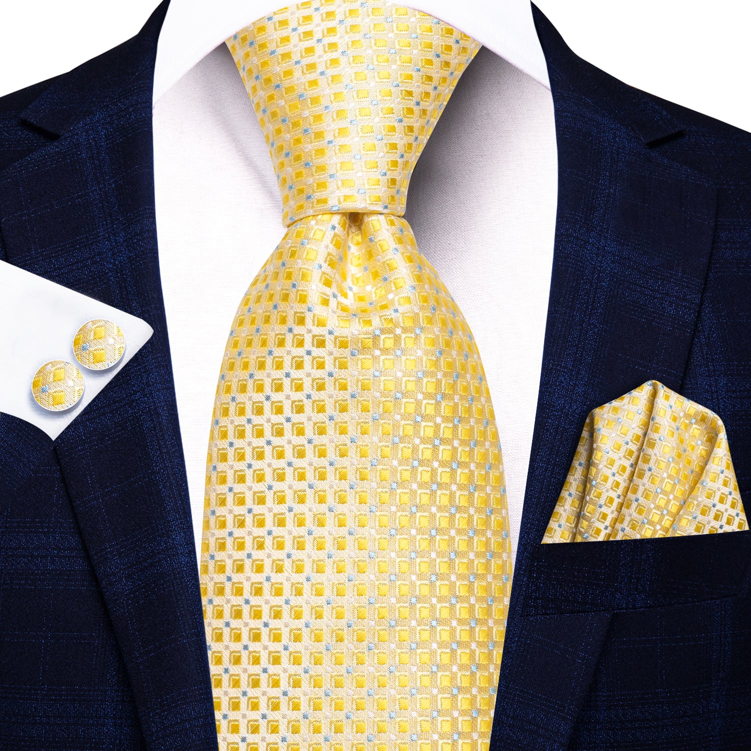 Yellow Blue Plaid Silk Tie Pocket Square Cufflinks Set