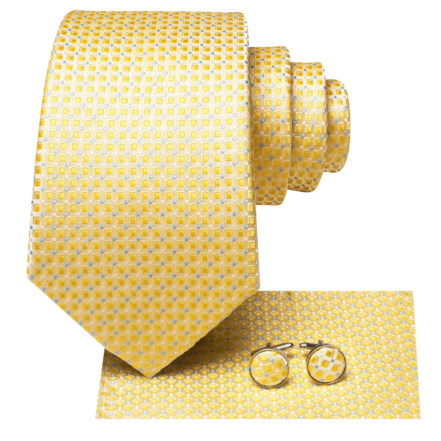 Yellow Blue Plaid Silk Tie Pocket Square Cufflinks Set