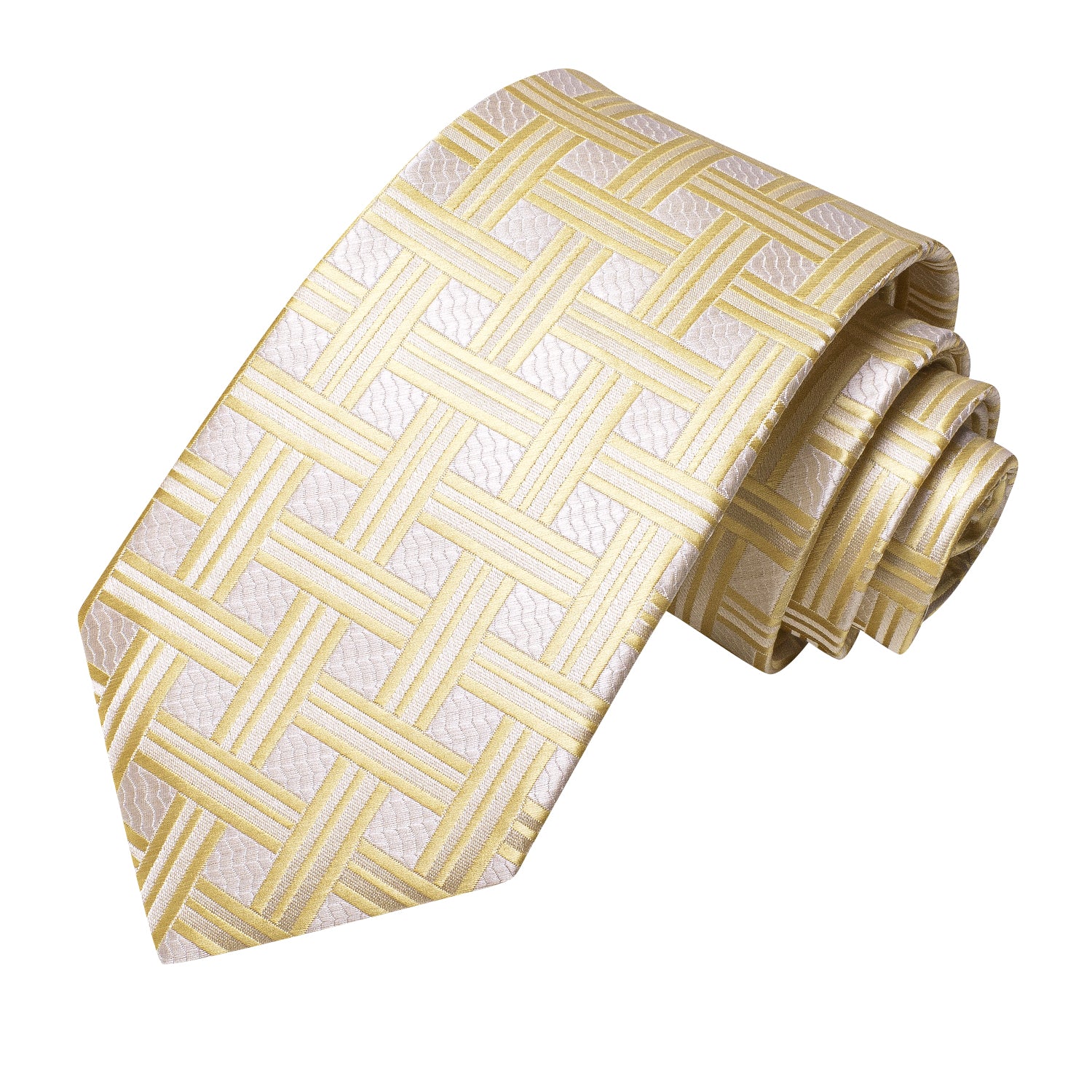 Light Yellow White Plaid Silk Tie Pocket Square Cufflinks Set