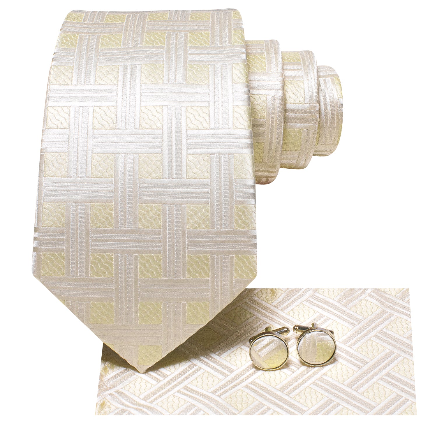 White Light Yellow Plaid Silk Tie Pocket Square Cufflinks Set