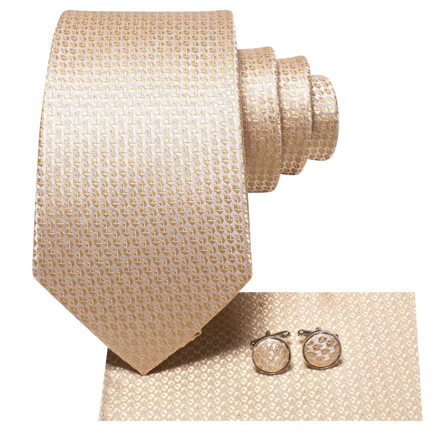 New Champagne Novelty Plaid Tie Pocket Square Cufflinks Set