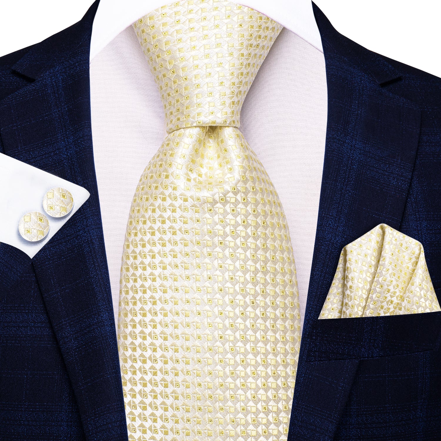 Light Yellow Novelty Plaid Silk Tie Pocket Square Cufflinks Set