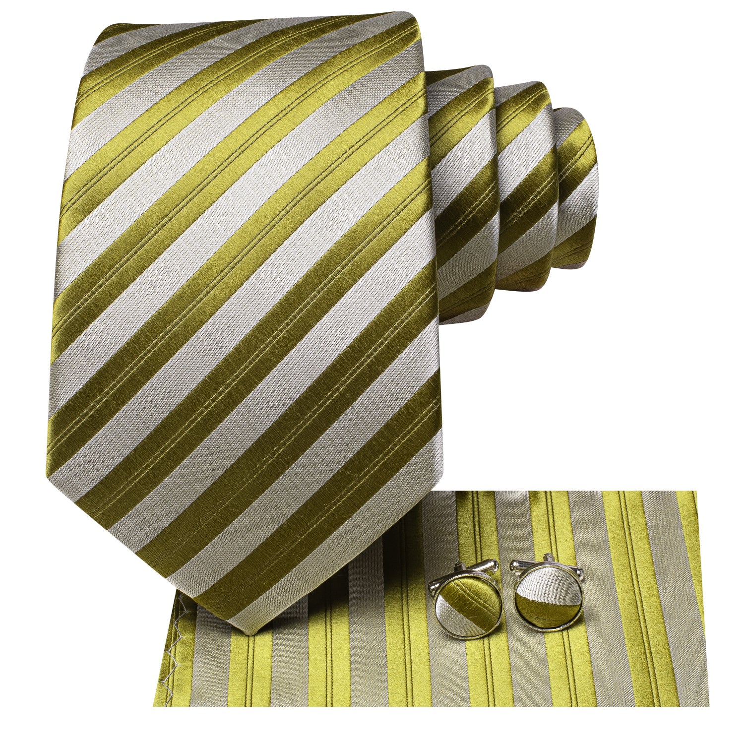 Olive Green White Strip Tie Pocket Square Cufflinks Set