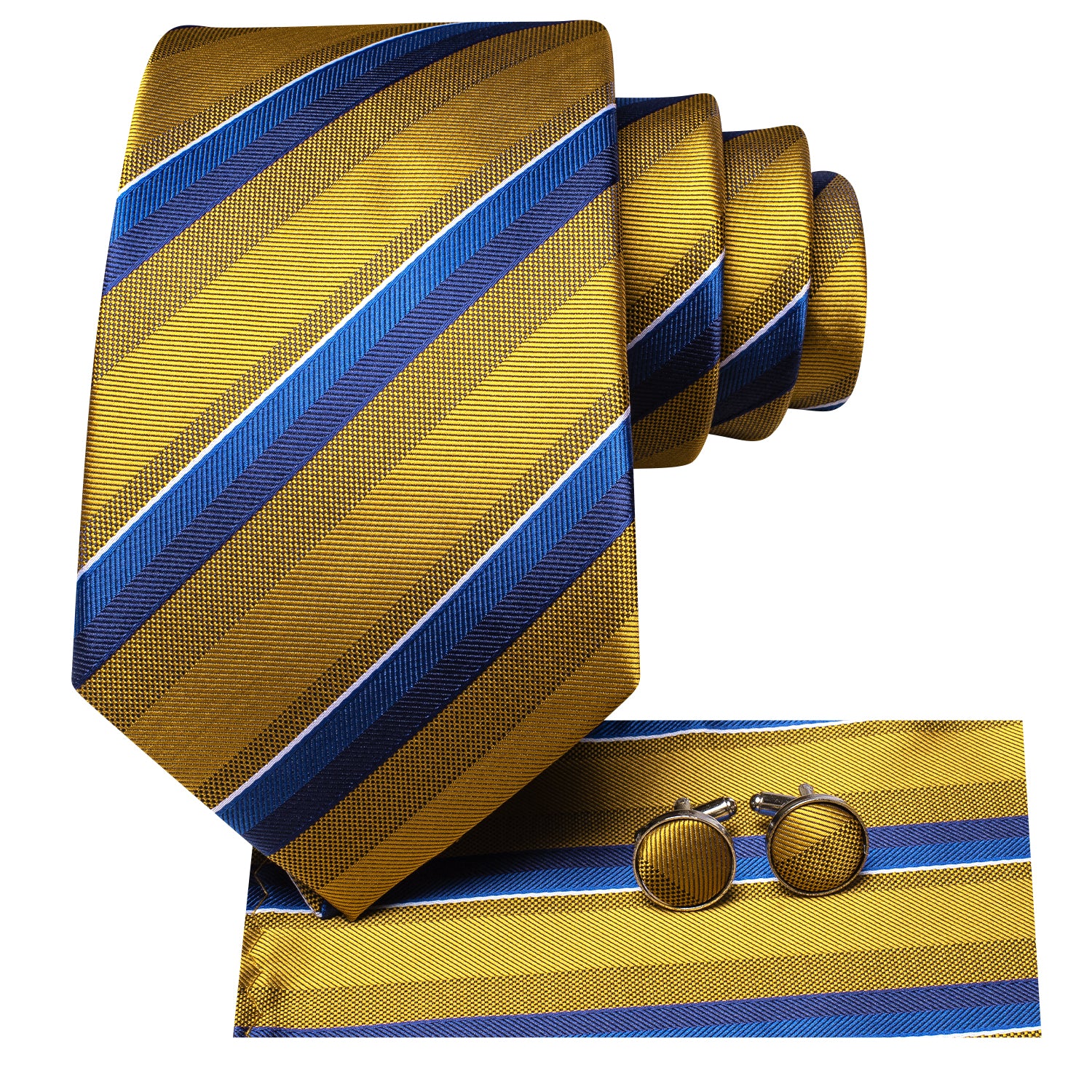 Golden Blue Strip Silk Tie Pocket Square Cufflinks Set