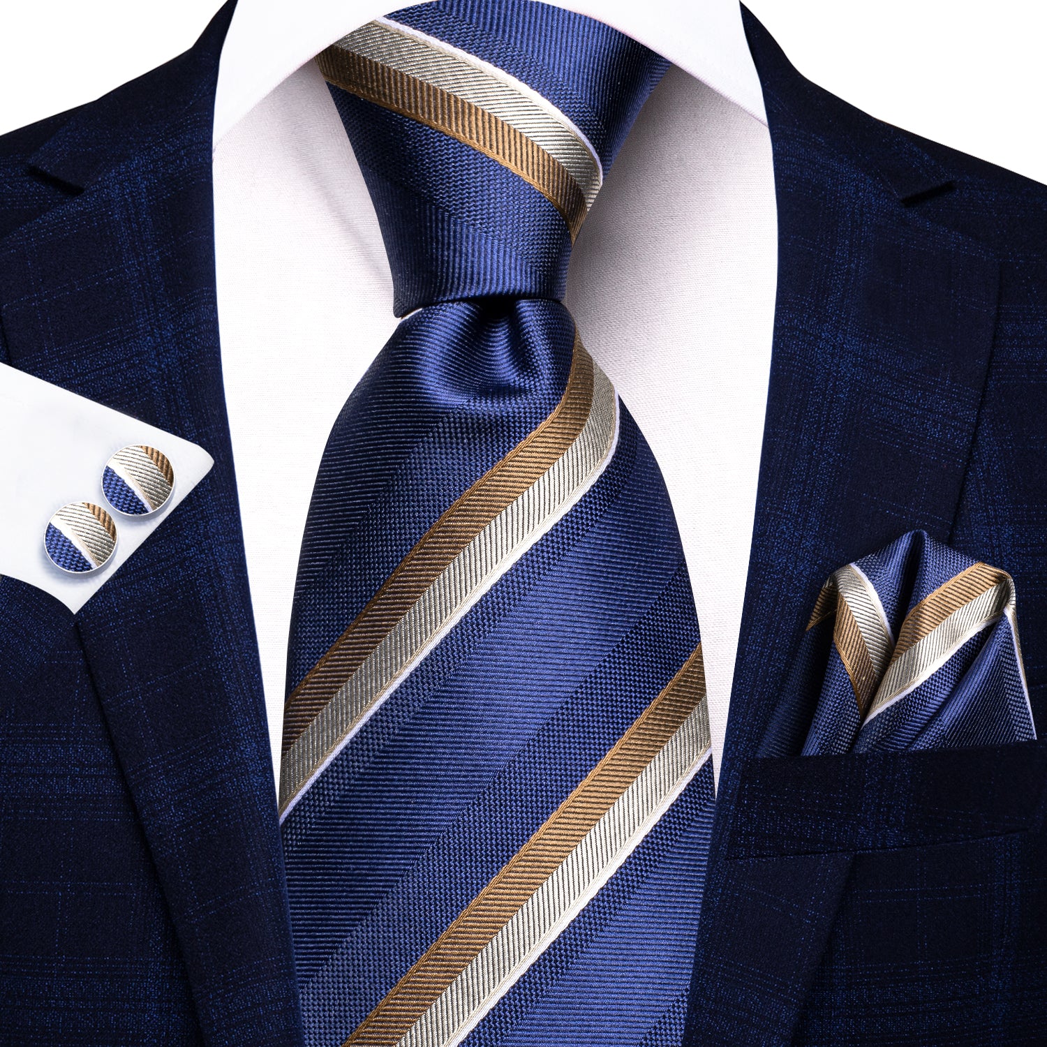 Deep Blue Brown Strip Silk Tie Pocket Square Cufflinks Set