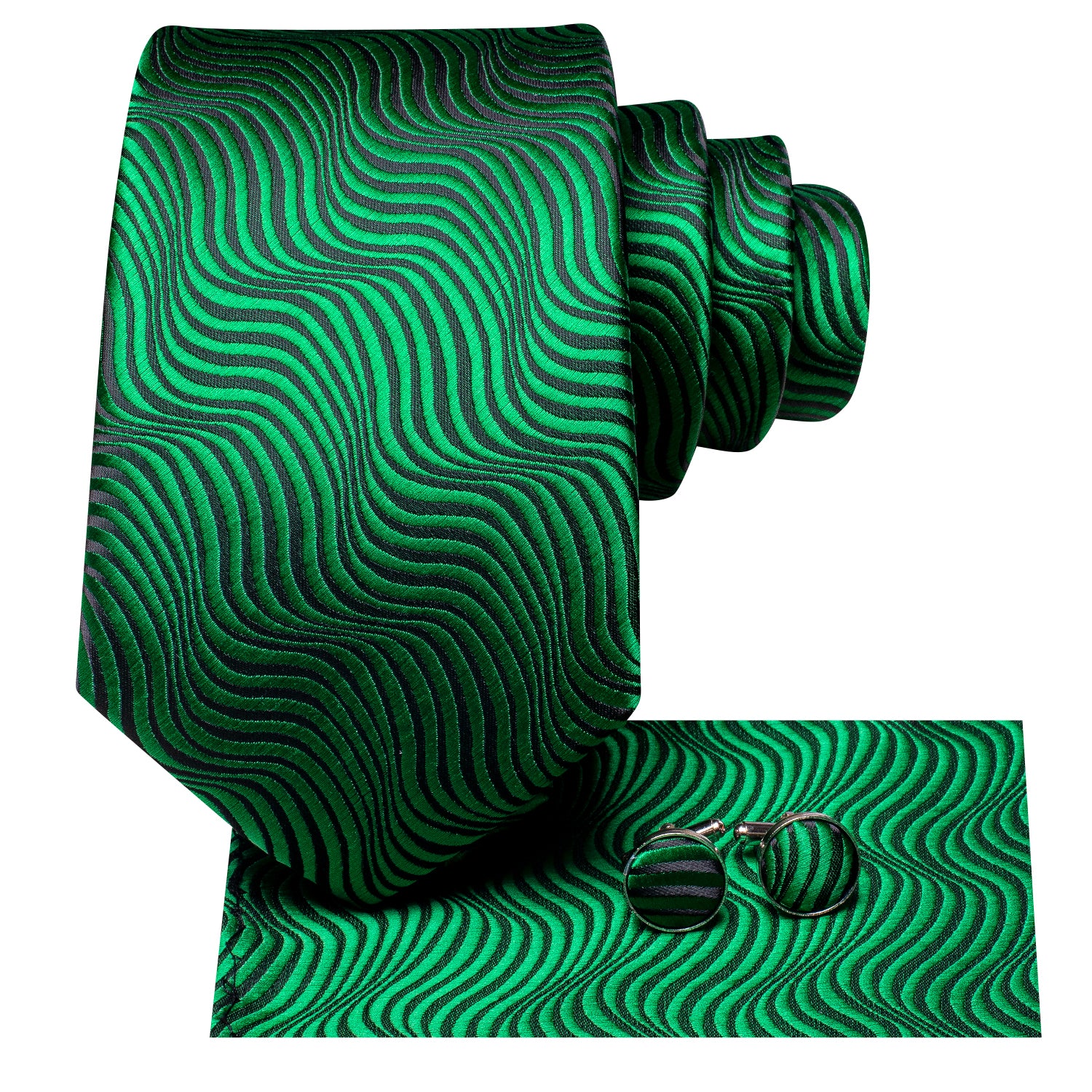 Emerald Green Irregular Strip Silk Tie Pocket Square Cufflinks Set