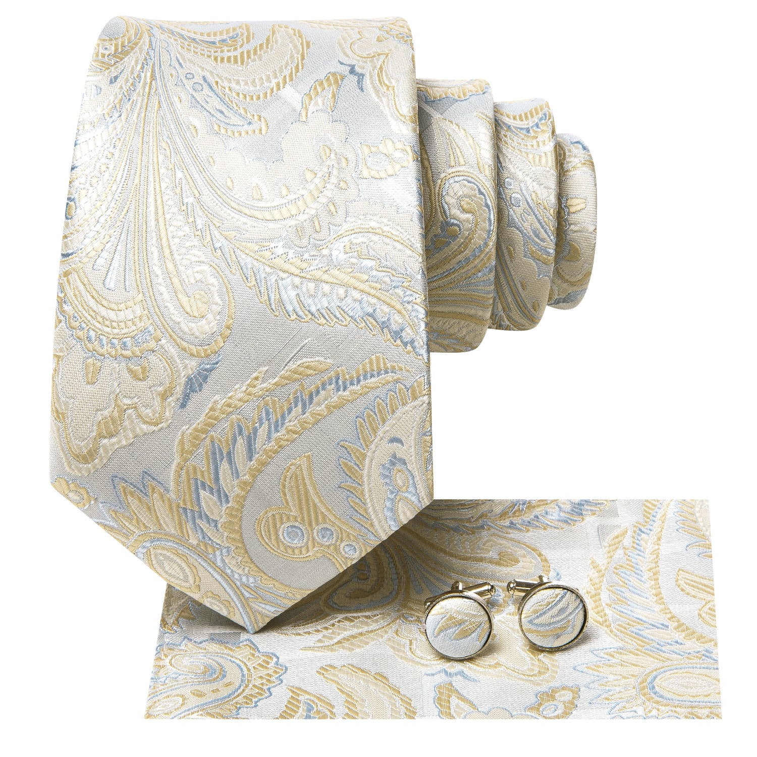 Champagne Sky Blue Paisley Silk Tie Pocket Square Cufflinks Set