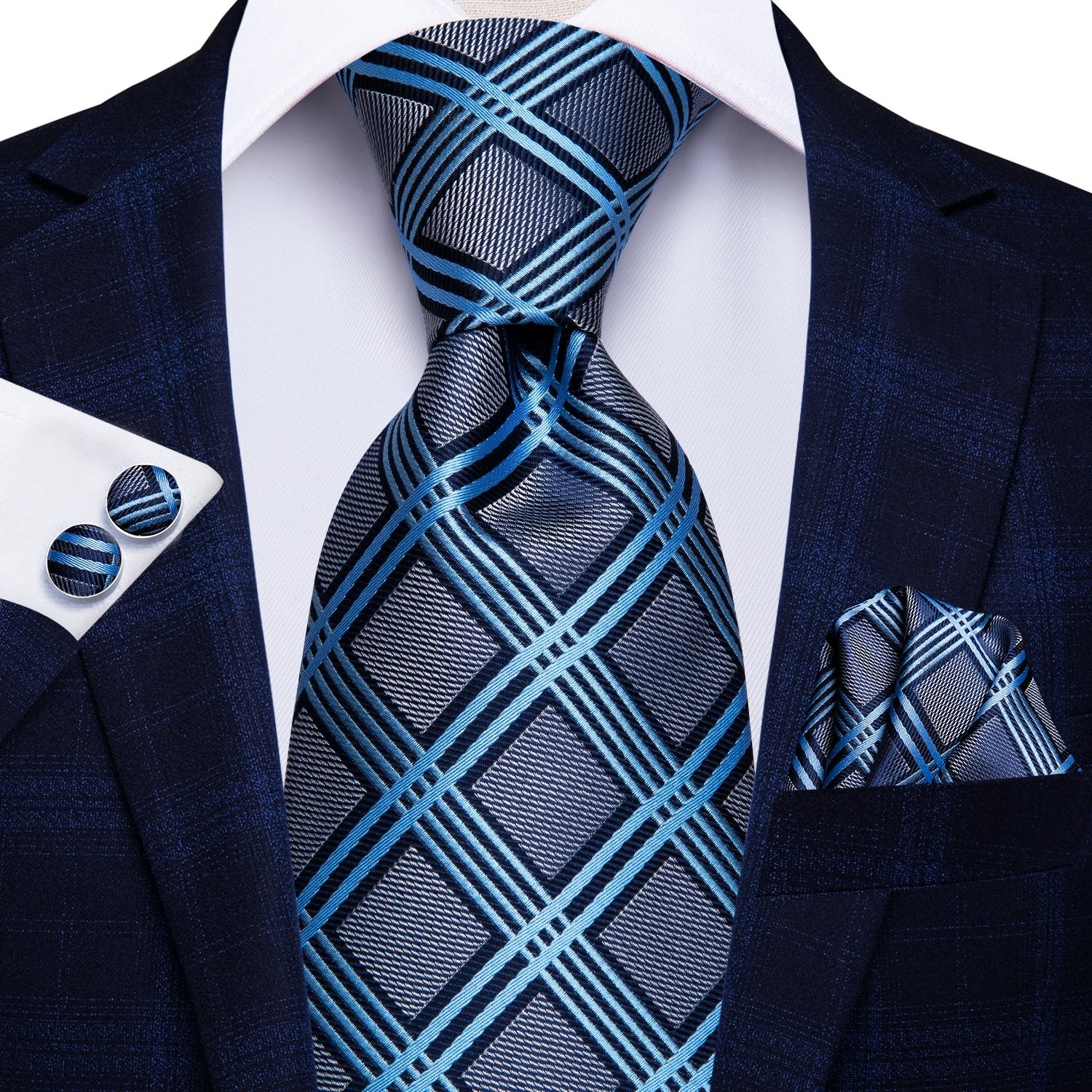 Grey Blue Plaid Tie Handkerchief Cufflinks Set with Wedding Brooch