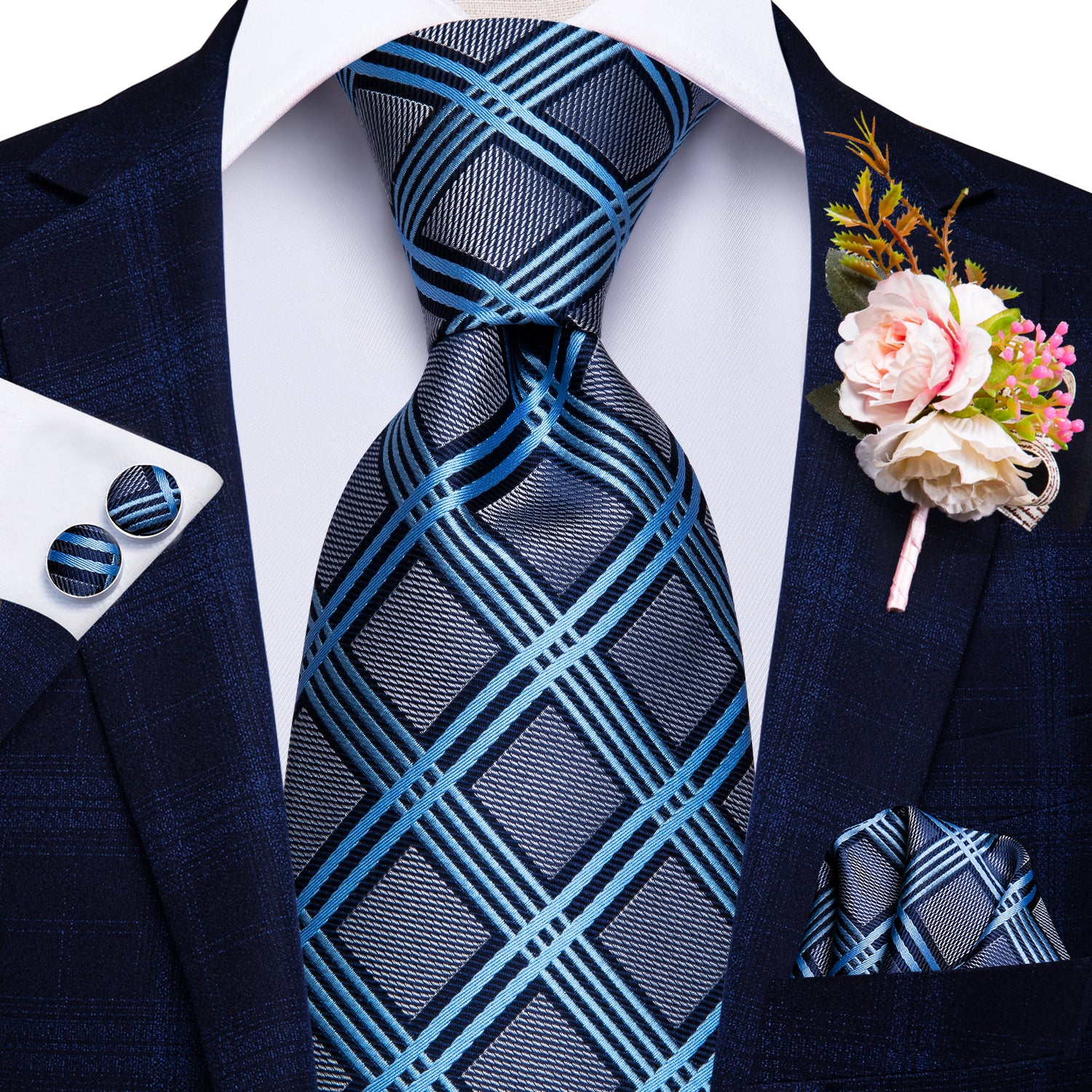Grey Blue Plaid Tie Handkerchief Cufflinks Set with Wedding Brooch
