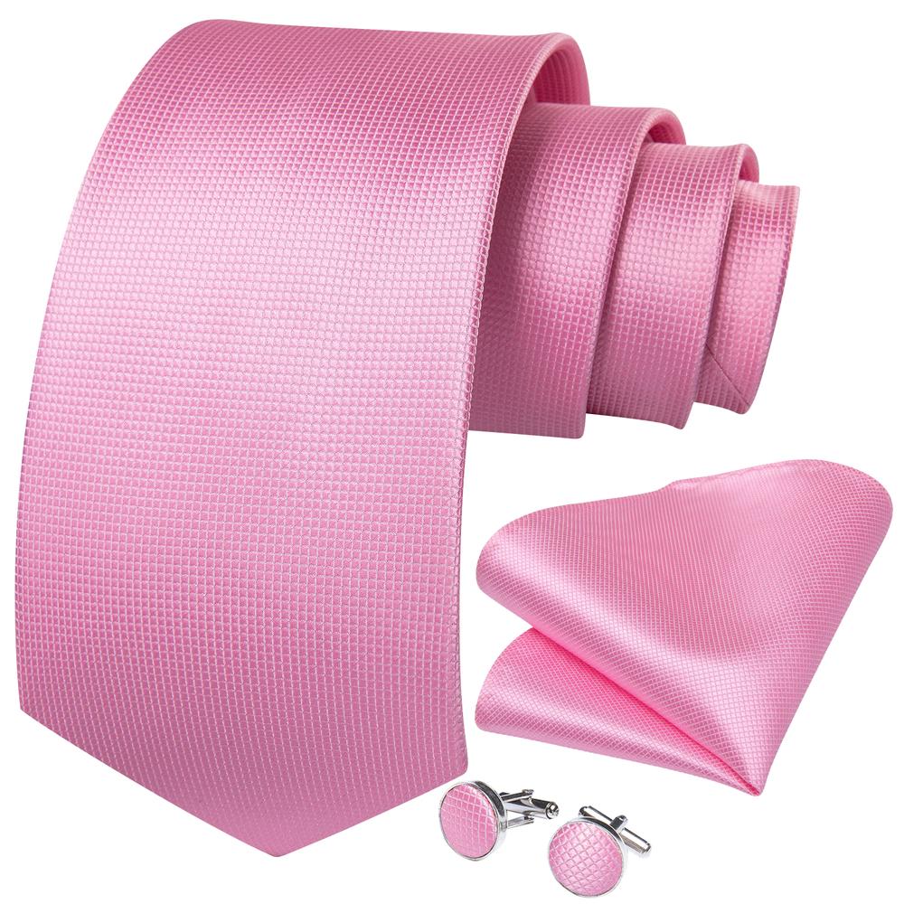 Pink Plaid Tie Handkerchief Cufflinks Set