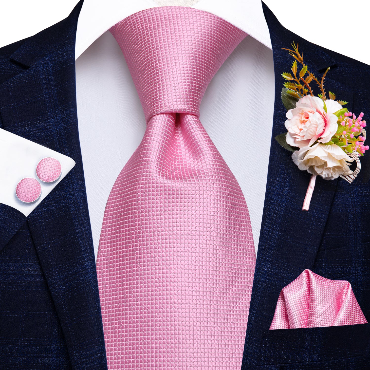 Pink Plaid Tie Handkerchief Cufflinks Set with Wedding Brooch