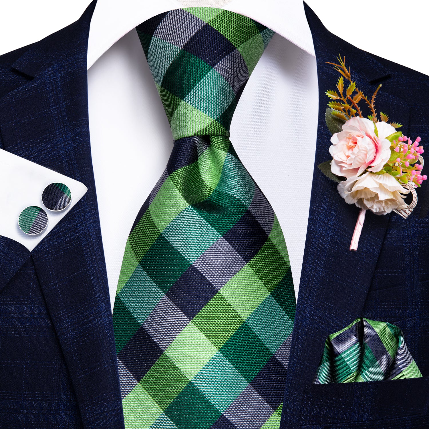 Green Black Striped Tie Handkerchief Cufflinks Set with Wedding Brooch