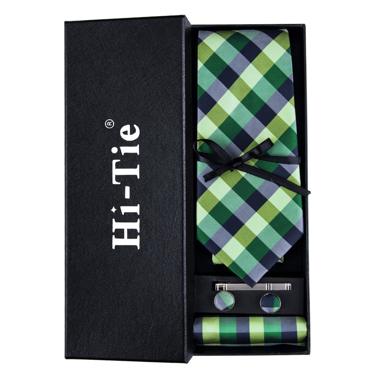 Green Plaid Silk Men's Tie Pocket Square Cufflinks Gift Box Set