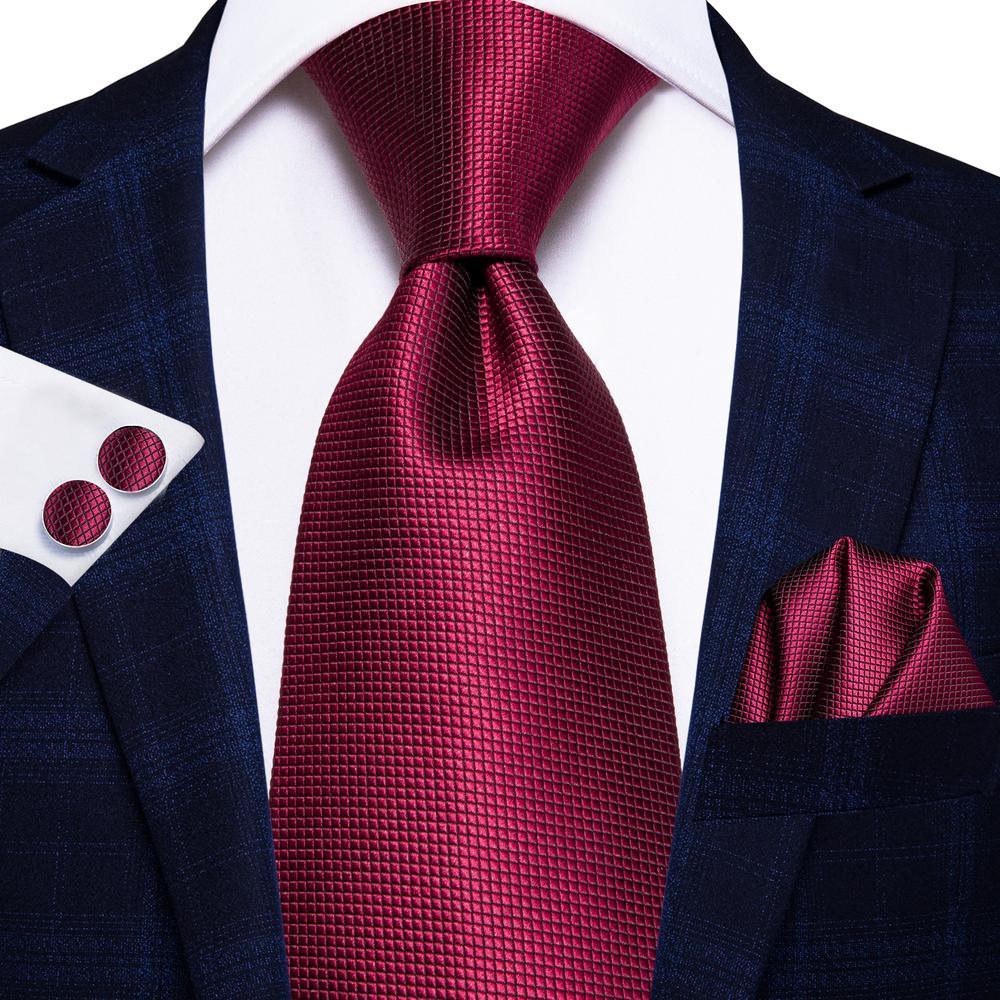 Red Solid Men's Tie Pocket Square Cufflinks Set with Brooch