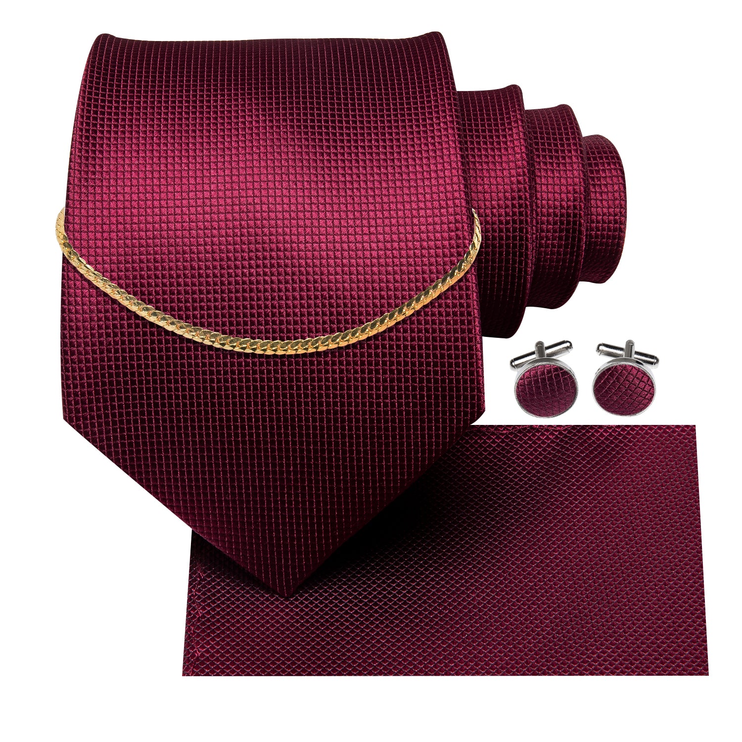 Red Solid Men's Tie Pocket Square Cufflinks Set With Golden Chain