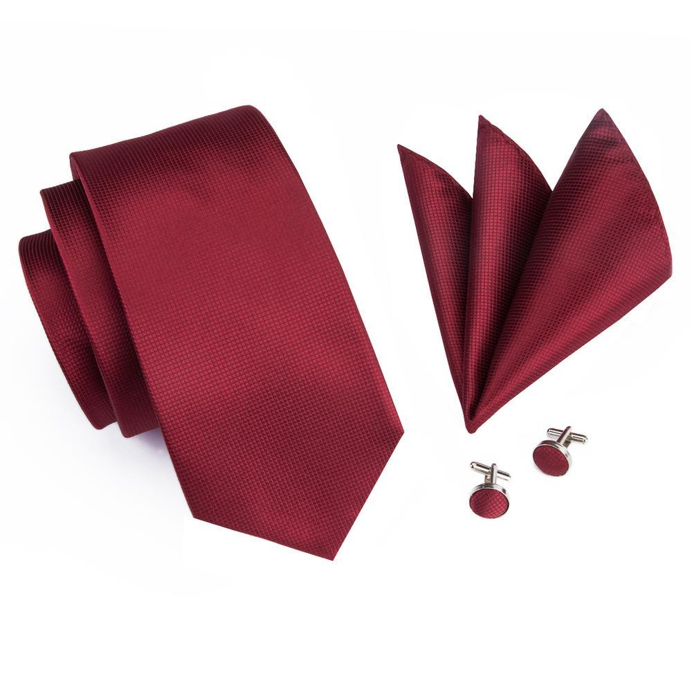 Red Solid Men's Tie Pocket Square Cufflinks Set with Brooch