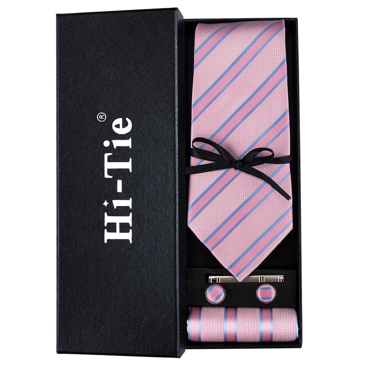 Pink Blue Striped Silk Men's Tie Pocket Square Cufflinks Set Gift Box Set